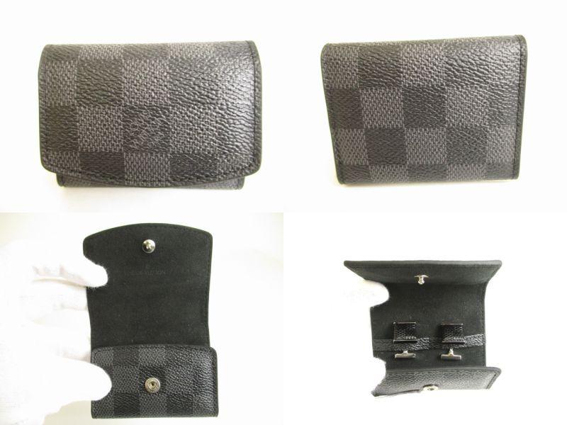 Authentic LOUIS VUITTON Damier Graphite Steel Black Leather Cufflinks Cuffs #9686 Seller refurbished