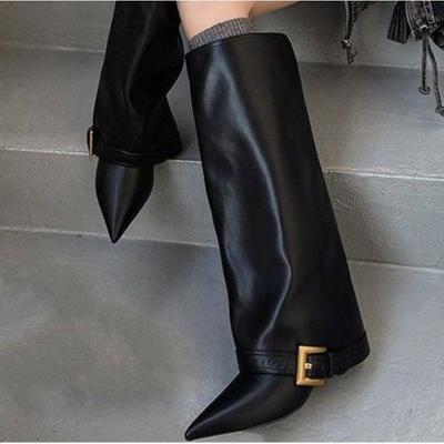 Женские осенне-зимние ботинки до колена на высоком тонком каблуке с острым носком и пряжкой на ремне, модные, для вечеринок, размеры 35-42, ботинки средней высоты