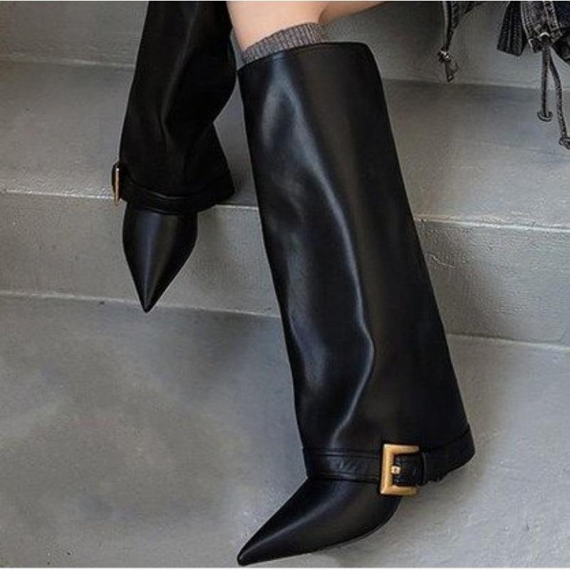 Женские осенне-зимние ботинки до колена на высоком тонком каблуке с острым носком и пряжкой на ремне, модные, для вечеринок, размеры 35-42, ботинки средней высоты