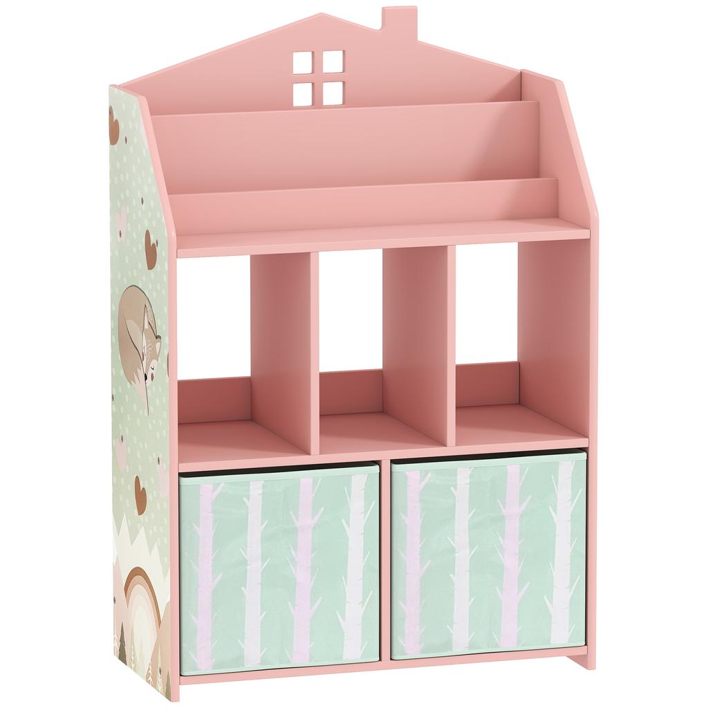 Children's bookshelf with 2 fabric drawers, open shelf for ages 3-8, 62.5x30x91.5 cm, pink