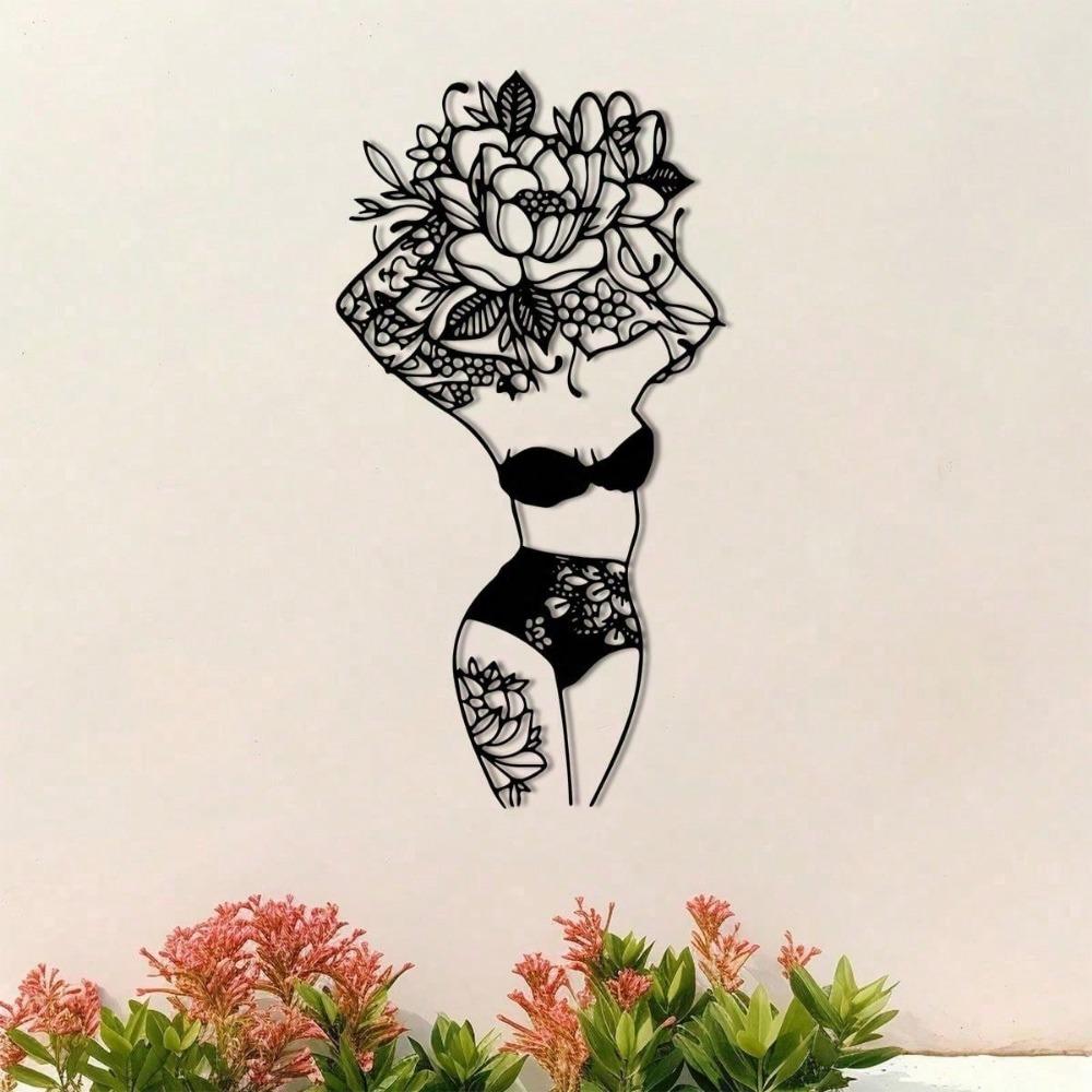 Цветочное женское тело Металлическое настенное искусство - абстрактный линейный рисунок Декор для спальни и ванной комнаты, минималистский домашний подарочный набор, подходит для современного домашнего декора
