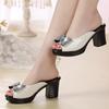 Fashion 2025 New Women Sandals Women Slippers Genuine Leather Rhinestone Thick High-heeled Color Block Decoration Open Toe Women Sandals