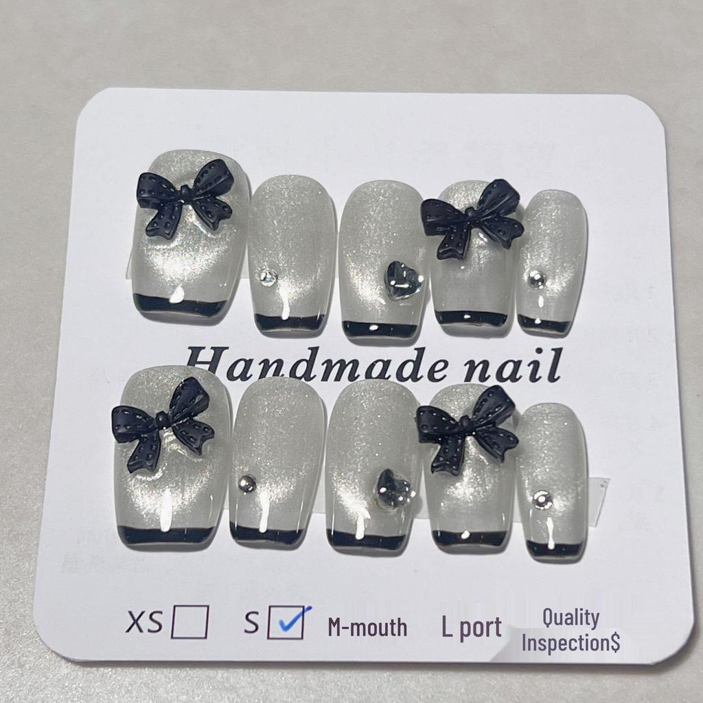 Luxury Handmade Bowknot Cat-Eye Black Gel Nail Tips