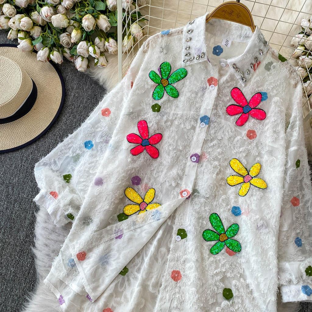 Премиальная рубашка с лацканами и рукавами-фонариками, украшенная бриллиантовыми пайетками в виде цветов, женская летняя милая, омолаживающая, свободная, с бахромой