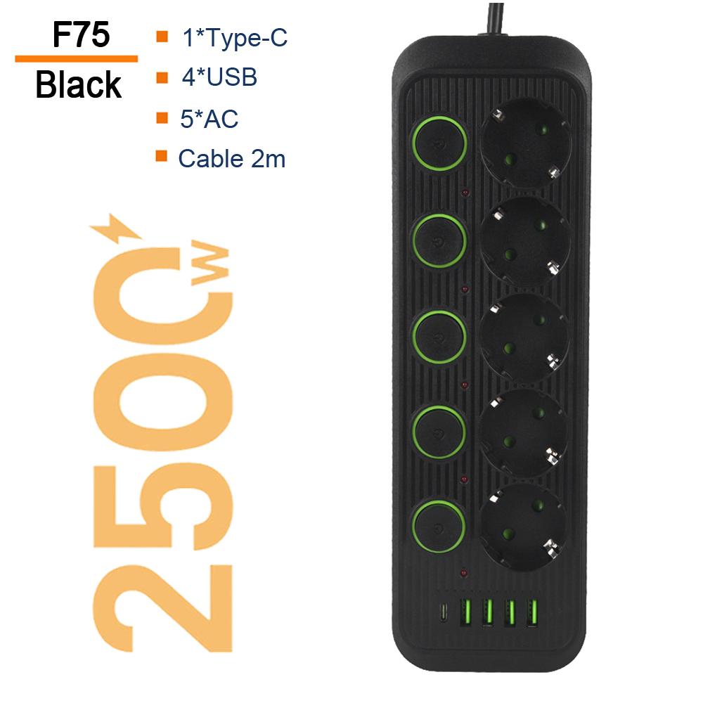 Вилка европейского стандарта с несколькими розетками и портами USB Type C. Кабель-удлинитель длиной 2 м. Независимая розетка управления. Сетевой фильтр. Электрический переменный ток.