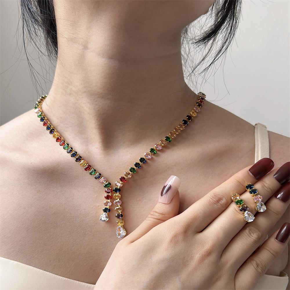 Fashion Bright Diamond Necklace Women'S Fashion Temperament Earrings Set Jewelry Niche Simple Two-Piece Set