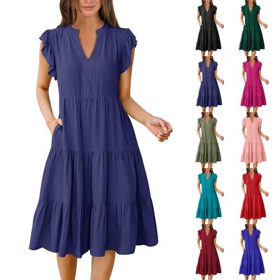 Женские богемные однотонные летние повседневные многослойные платья с v-образным вырезом и рюшами на рукавах