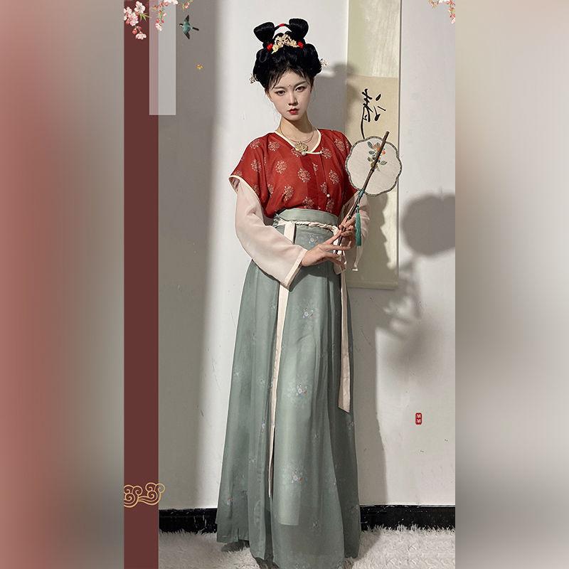 Китайский стиль династии Тан, традиционный ханьфу, повседневная рубашка с круглым вырезом и длинная юбка, женский комплект платьев