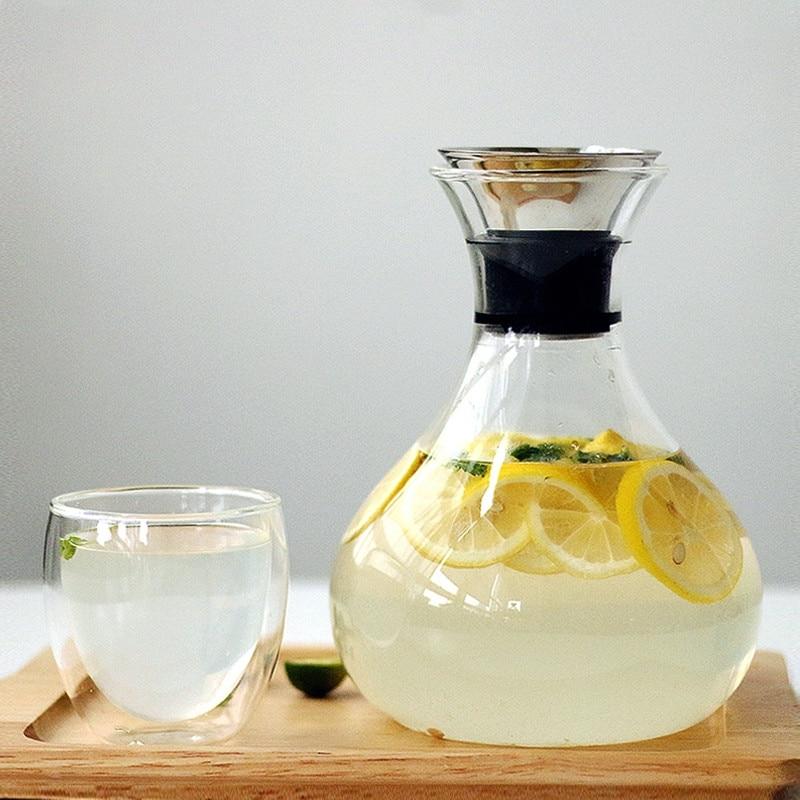 Hi 1L/1.5L Transparent Glass Carafe With Stainless Steel Lid Wine Decanter Heat Resistant Milk Juice Jug Gifts Water Bottle Kettle