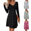 Women's Fashion Button Waist Fit Long Sleeve Solid Color Dress