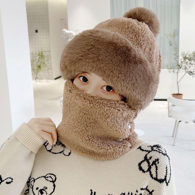 Women's Autumn & Winter Plush Thickened Integrated Hat & Scarf for Cycling - Windproof, Coldproof, Electric Car Pullover Hat.