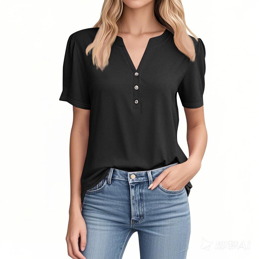 Женская модная повседневная однотонная футболка с V-образным вырезом и коротким рукавом на пуговицах