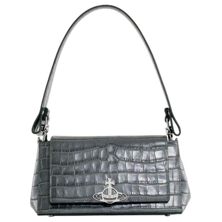 Vivienne Westwood Hazel Crocodile Pattern Magnetic Closure Leather Shoulder Bag Medium Women bags Black 46020001WL00A2ANTHRACITE