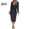Stretchy Dress Women Spring Fall Cross V Neck Lace-up Slim Fit Sheath Long Sleeves Sleeve Midi Knee Length Knitted Elastic Shopping Dating Auutmn