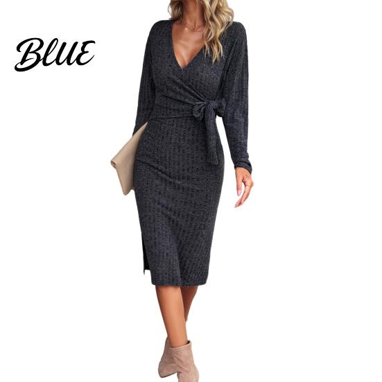 Stretchy Dress Women Spring Fall Cross V Neck Lace-up Slim Fit Sheath Long Sleeves Sleeve Midi Knee Length Knitted Elastic Shopping Dating Auutmn