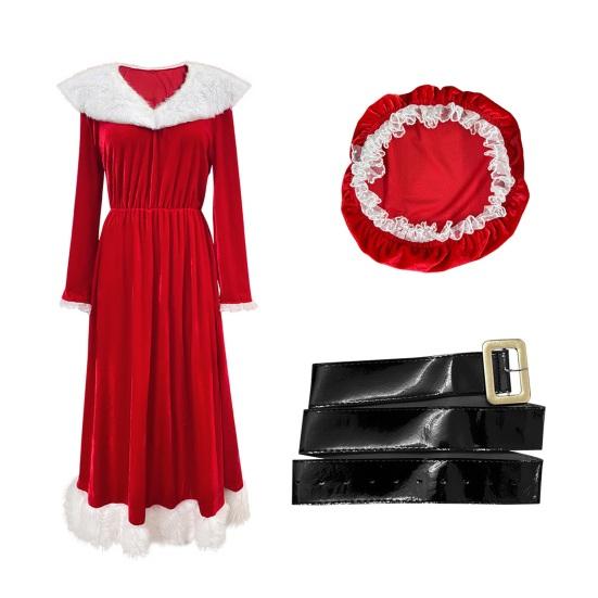Mrs. Claus Costume Christmas Red Velvet Dress for Women Long Sleeve V Neck Cosplay Outfit with Santa Hat And Belt