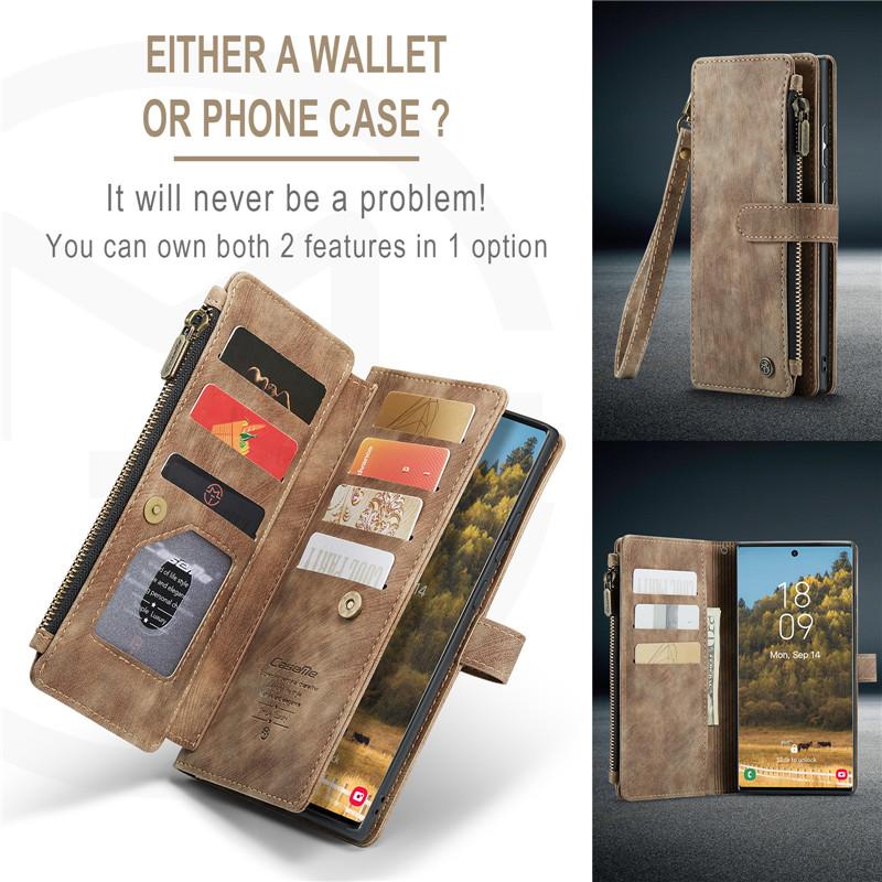 CaseMe Кожаный чехол-книжка для Samsung Galaxy S26 Ultra S25 Edge S24 FE S23 S22 S21 S20 Plus S10 Note 20 Ultra с молнией, кошельком и карманом для карт, чехол