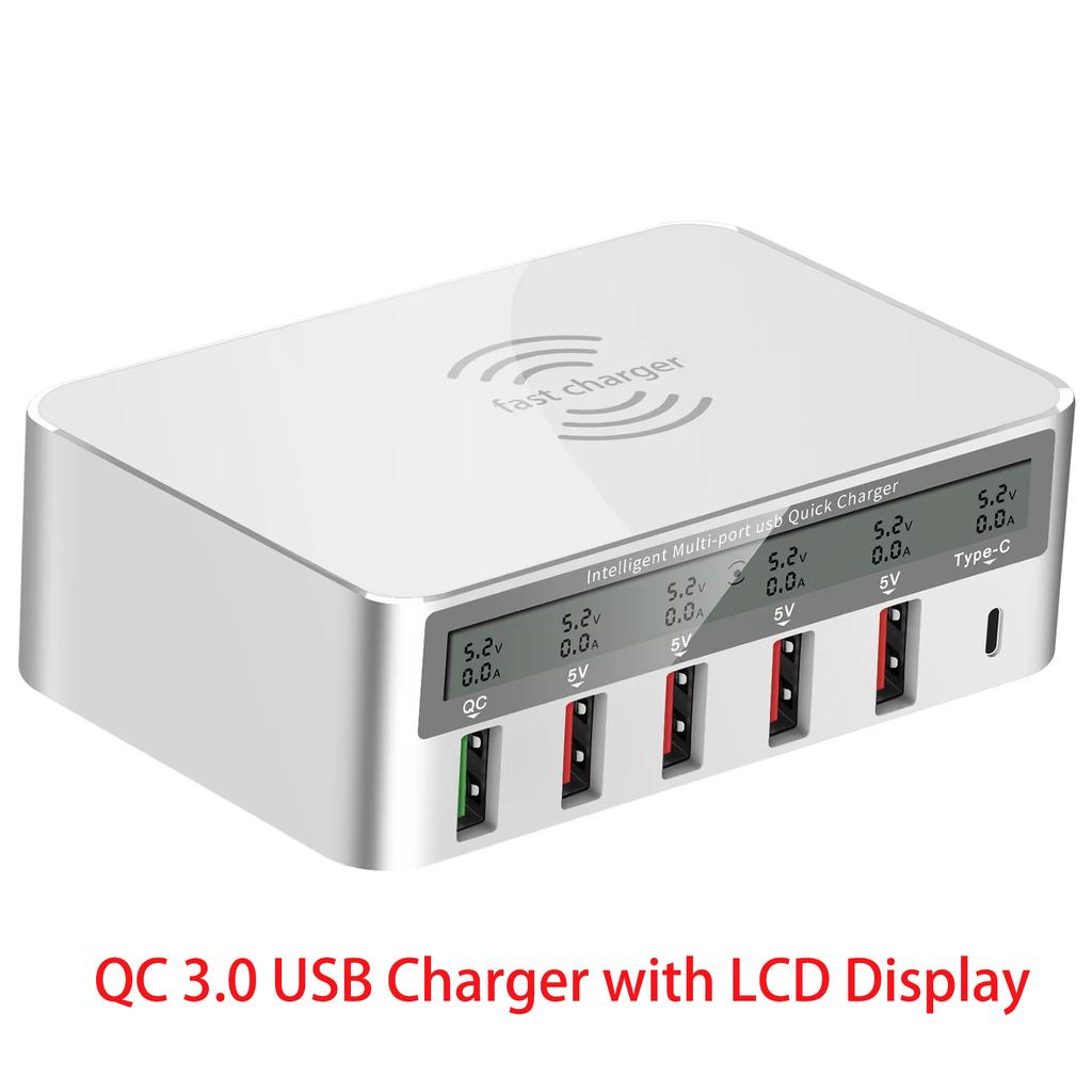 USB PD QC зарядное устройство адаптер беспроводное зарядное устройство 6 портов быстрая зарядная станция для iPhone 16/15/14 Pro Max iPad, Samsung Huawei