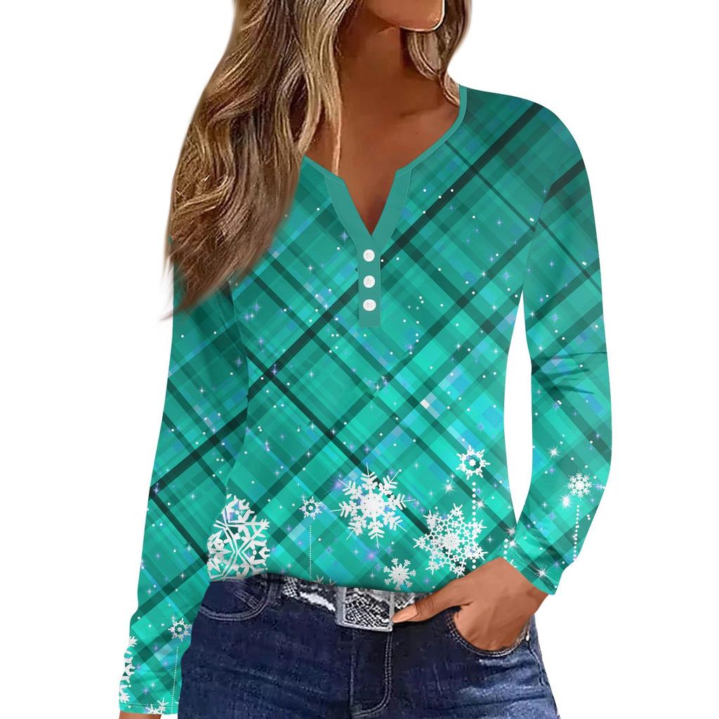 Женская футболка с прямыми плечами и рождественским принтом, длинными рукавами, прямыми плечами и V-образным вырезом на пуговицах