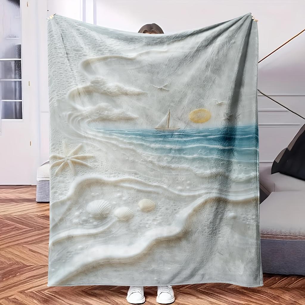 Beach Scene with Seashells And Starfish - Themed Blanket - Comfortable Flannel Fabric Hypoallergenic Suitable for All Seasons - Id