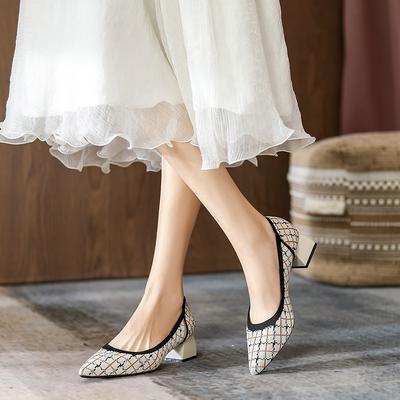 Новая клетчатая серия туфли-лодочки на толстом каблуке, вязаные женские туфли с мелким вырезом, удобные одинарные туфли