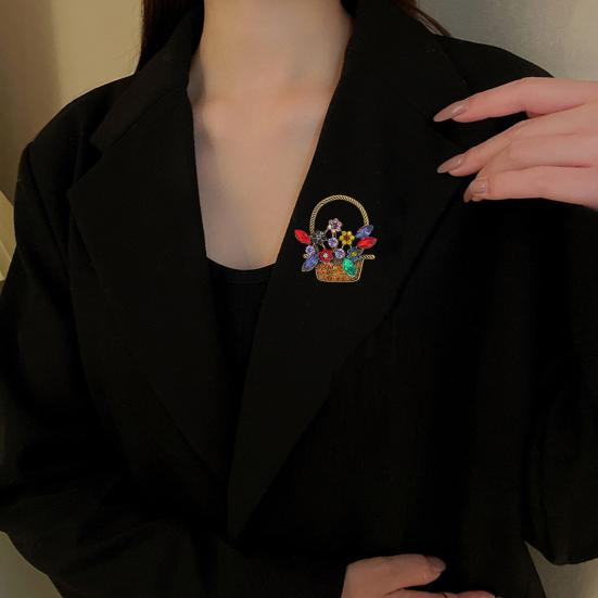 Yousheng Flower Basket Brooch Hollow Out Colorful Rhinestone Flower Leaf Retro Suit Coat Collar Hat Scarf Clothes Pin Prom Party Garment Jewelry