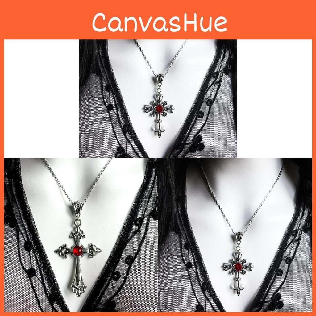 Gothic Baroque Silver Cross Pendant Necklace For Women With Geometric Shape And Glass Material
