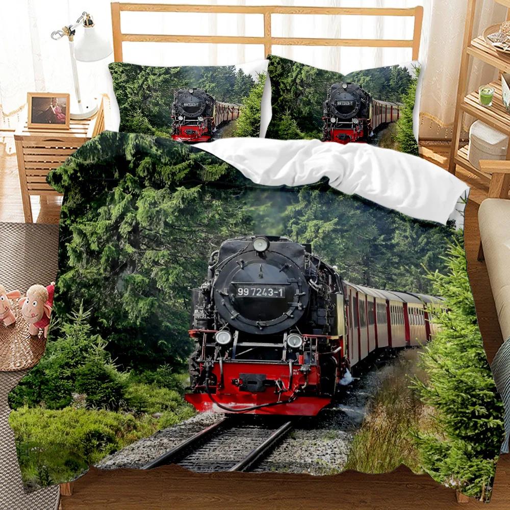 Пододеяльник с паровозом, цифровая иллюстрация локомотива на стальном железнодорожном пути, искусство приключений, полиэстеровый чехол для квилта