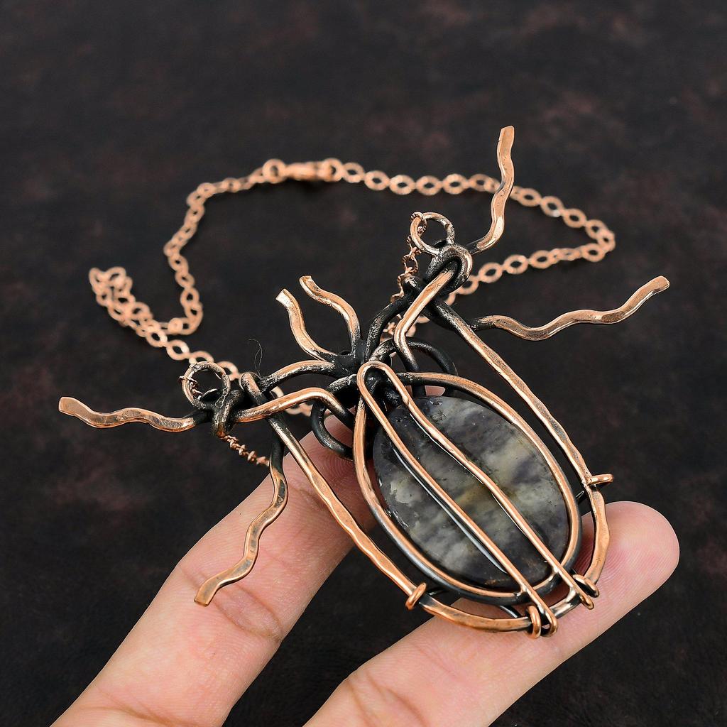 Иолит Солнечный камень Ожерелье Обмотка медной проволокой Драгоценные камни Ювелирные изделия Регулируемая цепочка Ожерелье Медное ожерелье Ручная работа Ювелирные изделия Подарки для жены