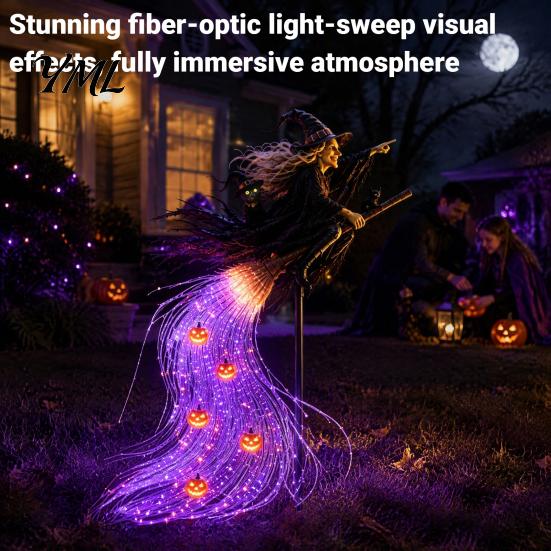 Garden Lawn Stake Decor Solar Halloween Witch Light, Waterproof Metal Flying Broomstick Fiber Optic Yard Lighting Pathway Light with Waterfall LED for