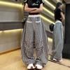 Summer Retro American Lazy Style Patchwork Drawstring Wide-Leg Thin Curved-Cut Plaid Casual Pants - Trendy Fashion
