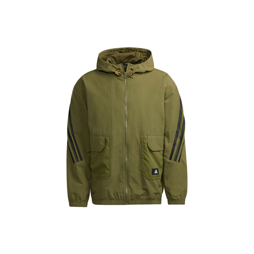 Adidas Sports-Style Striped Hooded Jacket Men Outerwear Army-Green H65369