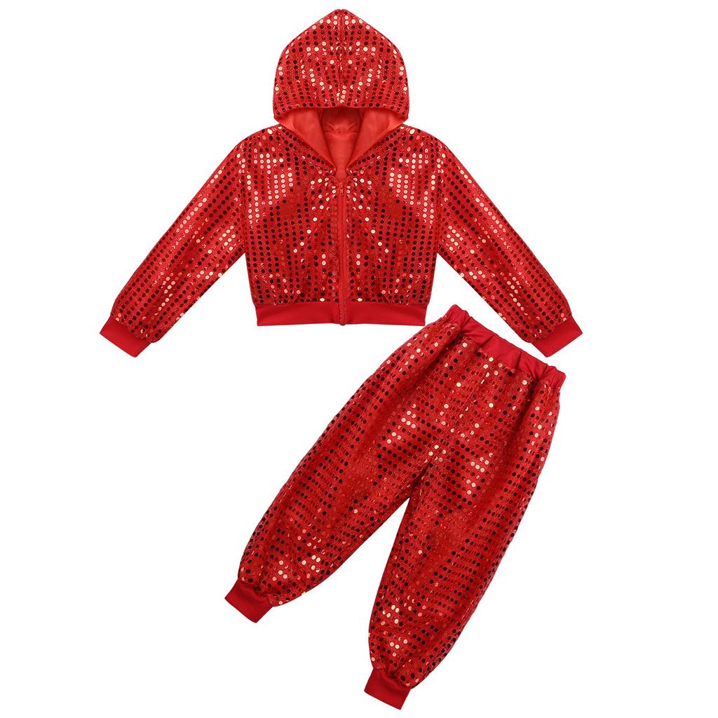 Kids Boys Girls Sparkly Sequins Long Sleeve Hip Hop Jazz Street Dance Costumes Long Sleeve Hooded Jacket Pants Set