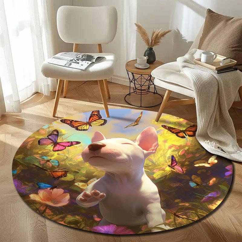 Puppy with Butterfly Round Carpet, Spring Garden Pet Design