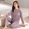 Женский пижамный комплект из хлопка с принтом - Топ с длинным рукавом и круглым вырезом и брюки для дома или улицы