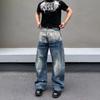 Mens Loose Wide-Leg Jeans American Style Splatter Patchwork Denim Pants Casual Streetwear