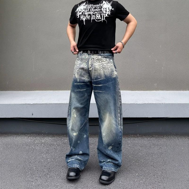 Mens Loose Wide-Leg Jeans American Style Splatter Patchwork Denim Pants Casual Streetwear