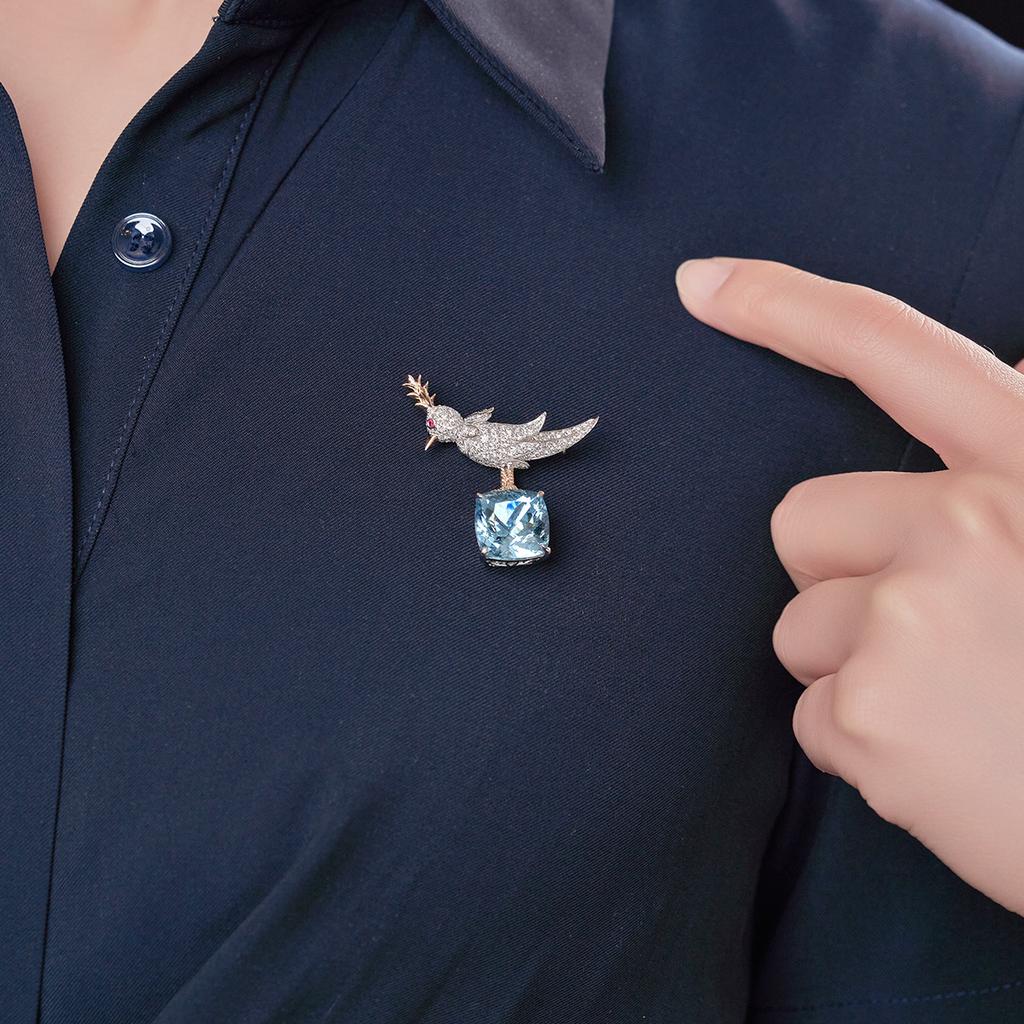 Высококлассный дизайн ювелирных изделий Изысканный Роскошный Аквамариновый Брошь-Подвеска Двух Способов Ношения, Слегка Инкрустированная Алмазами Птица Ожерелье Женское