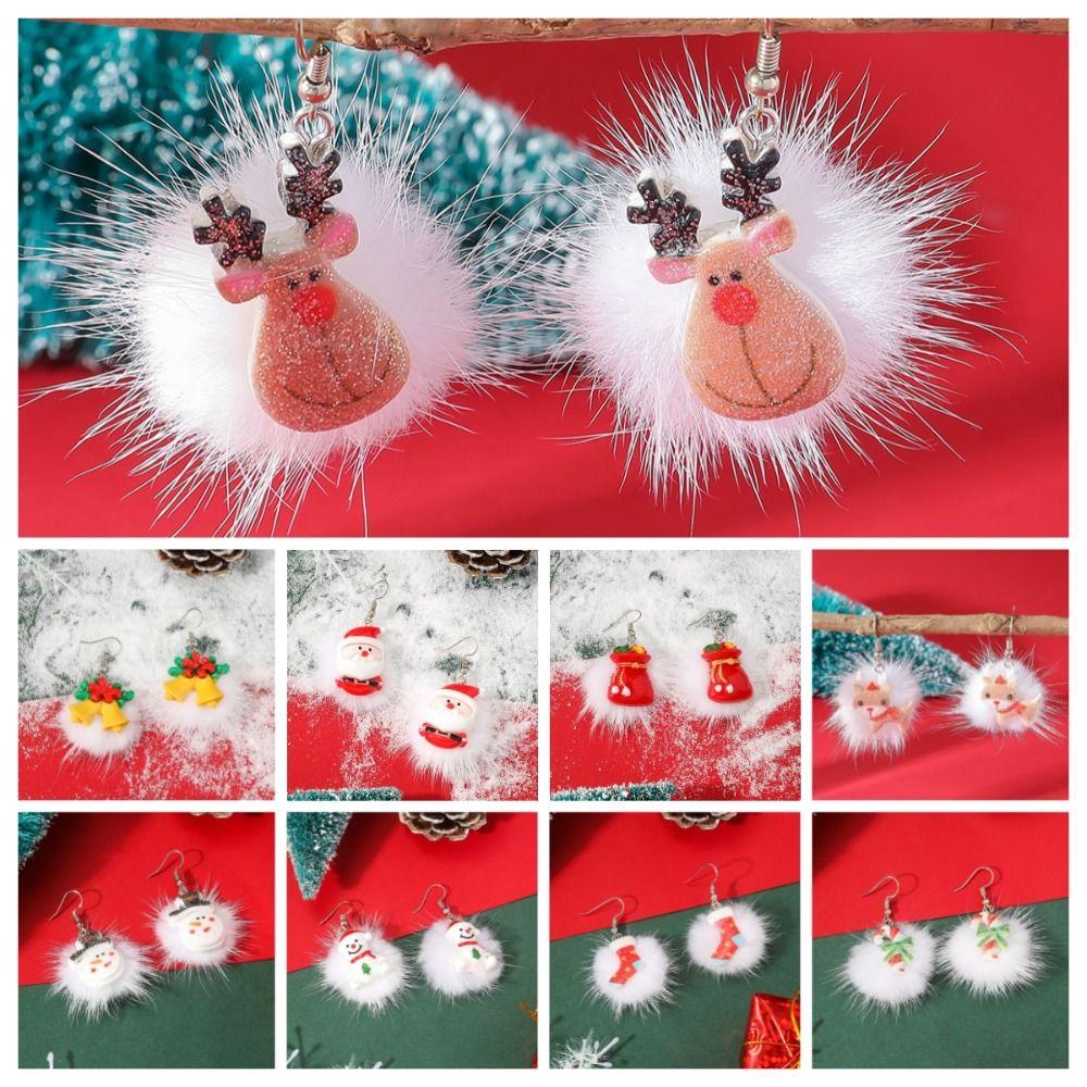 Christmas Bell Merry Christmas Earrings Candy Cane Xmas Earrings Studs Elk Plush Pendant  Unisex