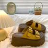 Платформенные тапочки Женская мода Круглый носок Открытый носок Замша Металлическая пряжка Противоскользящие Износостойкие Сандалии на танкетке