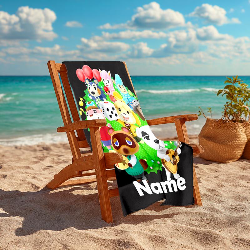 Personalized customized proof beach towel with Animal Crossing pattern - soft, absorbent, quick-drying, perfect swimming, camping&bathing