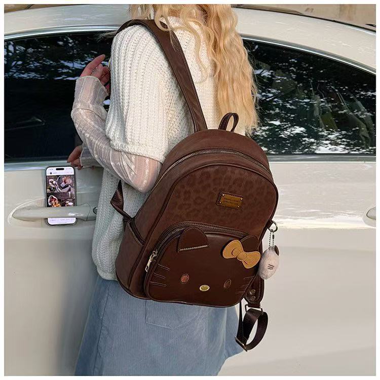 Hello Kitty Cartoon Leopard Print Pu Backpack With Padded Straps For Casual Day Use