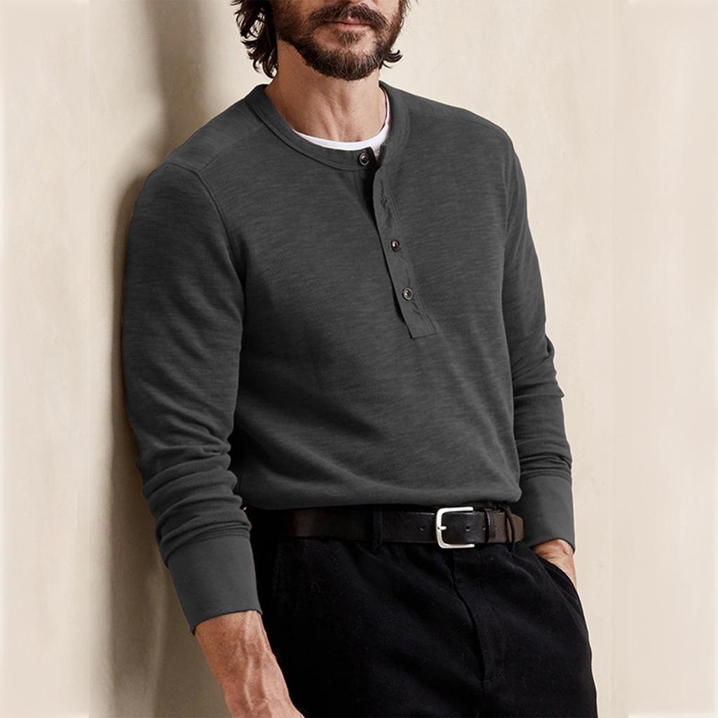 Men's Spring And Autumn Solid Color T-shirt Lapel 3 Button Open Placket Button Long Sleeved Top