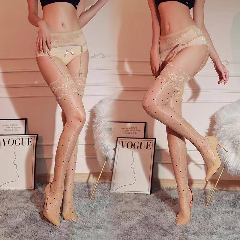 Сексуальные кружевные чулки до бедра с лошадиным маслом, женские чулки телесного цвета, клубные, интернет-знаменитость, пионово-белые чулки в горошек