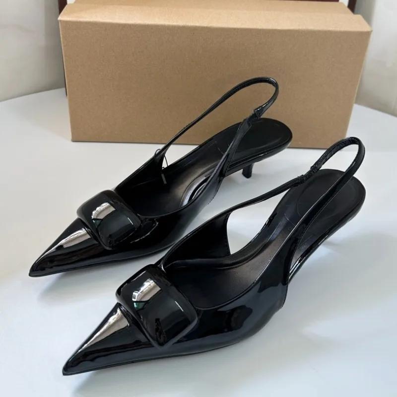 Модные современные сандалии с квадратной пряжкой и острым носком для женщин, новые летние дизайнерские туфли-слингбэки на высоком каблуке из лакированной кожи, женские туфли для платья