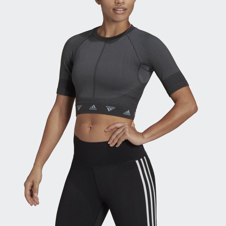 adidas Женский спортивный топ Wtr Aeroknit с логотипом T, подшитый, с коротким рукавом, Черный HD9566