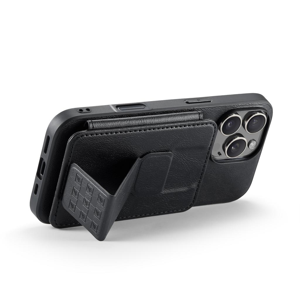 FIERRE SHANN 024 Чехол для iPhone 16 Pro с держателем для карт и подставкой, вощеная текстура, кожа+ТПУ чехол для телефона