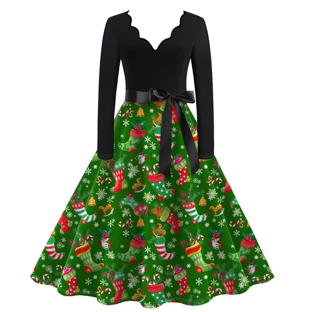 Ladies Casual Fashion V-Neck Long Sleeve Christmas Print Vintage Dress