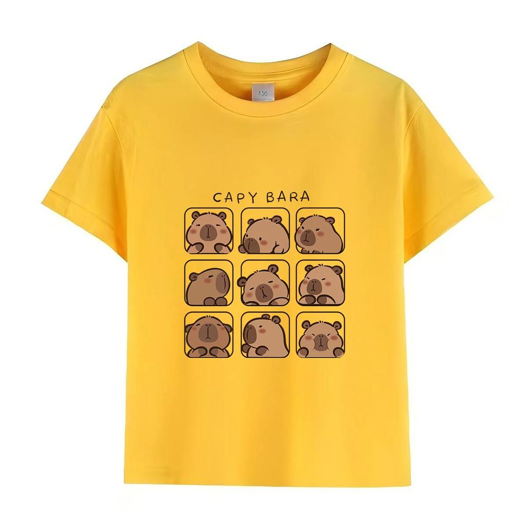 Capybara Kids Summer Cartoon Print T-Shirt 100% Cotton Short Sleeve Crewneck Casual Top for Girls Fashion Tees