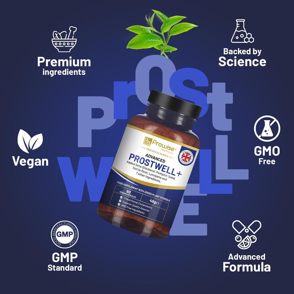 Advanced Prostwell Plus 60 Vegan Capsules Added Beta Sitosterol, Pumpkin Seed, Nettle Root, Lycopene and 7 Other Ingredients